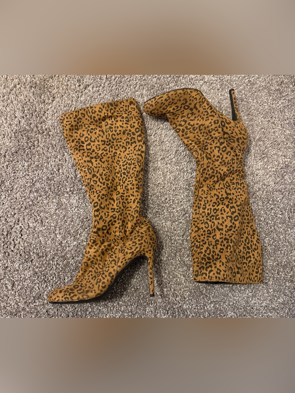 Colin Stuart Leopard Print Stiletto Boots - Tan/Black